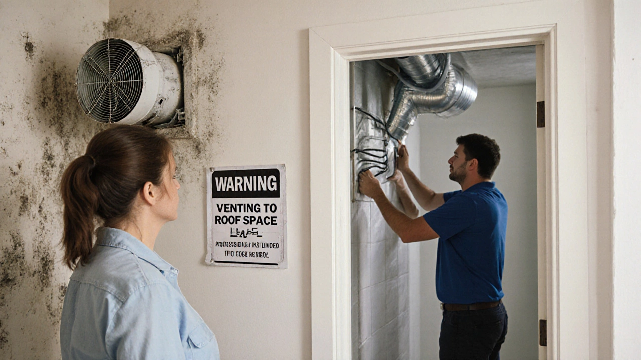 Homeowner facing mold damage from illegal fan venting, while professional corrects the installation.