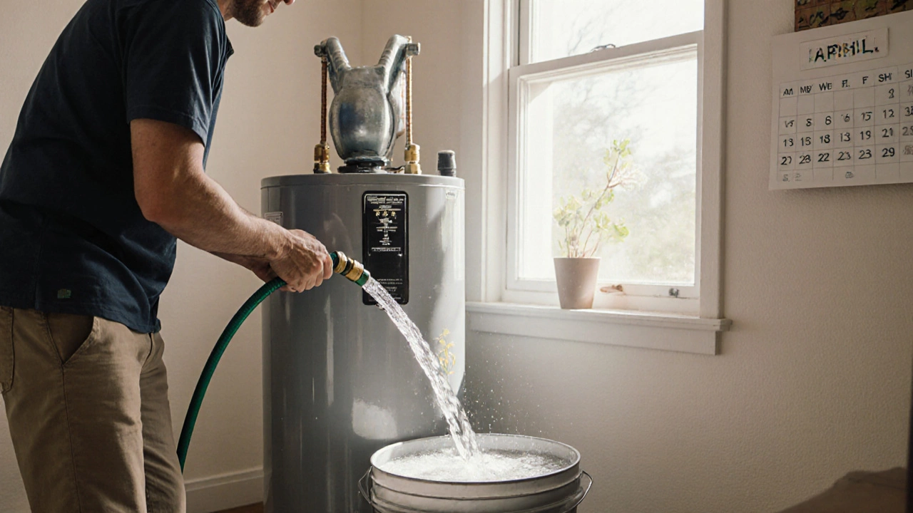 Homeowner flushing a water heater tank with a hose in spring light.