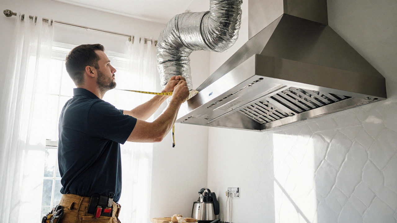 HVAC technician installing a kitchen range hood with ducting leading to an exterior vent.