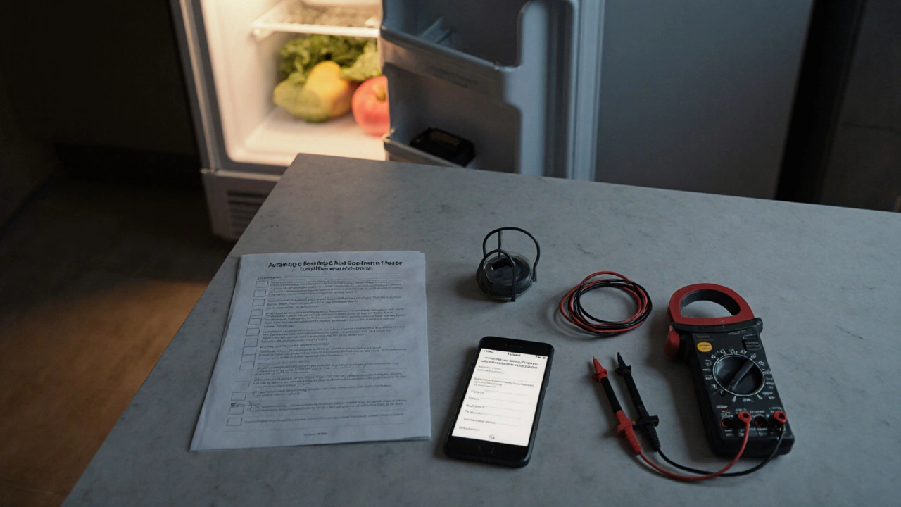 Overhead view of appliance service tools and checklist beside a quiet, running refrigerator at dusk.