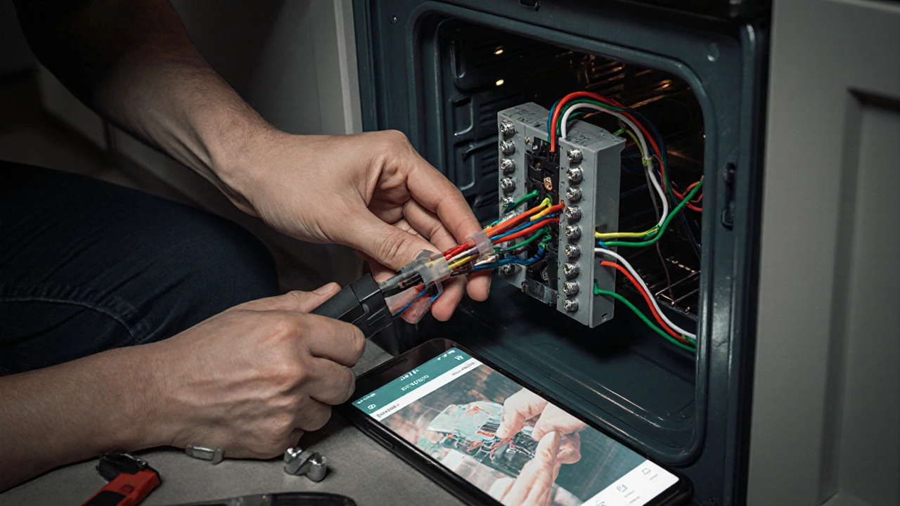 Person connecting color-coded wires from a new electric oven to a junction box with wire nuts.