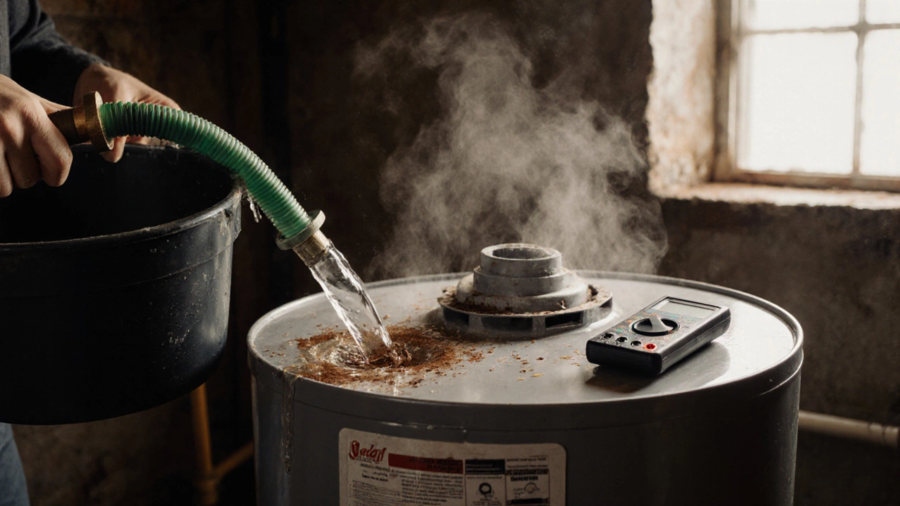 Person draining sediment from a water heater with a garden hose into a bucket.