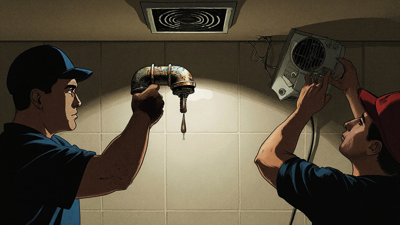 Plumber capping an old waste pipe as electrician installs a new extractor fan in a bathroom renovation.