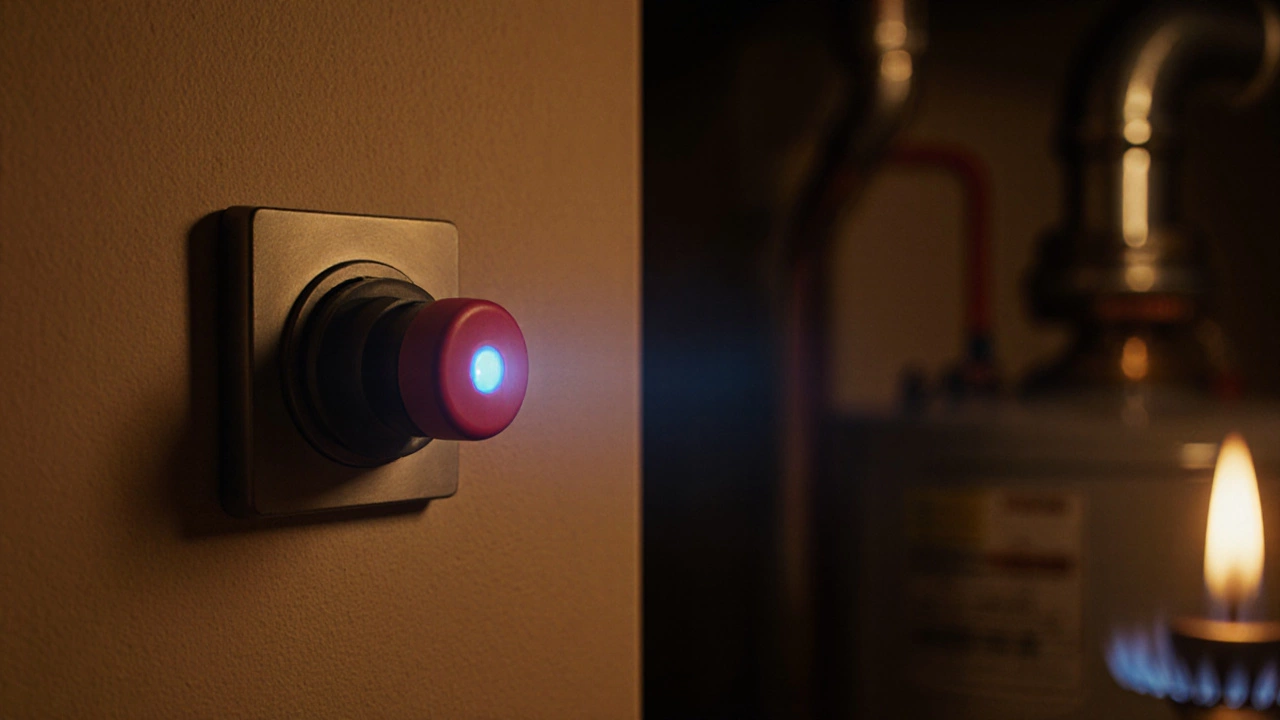 Red gas safety valve with glowing reset button near a water heater.