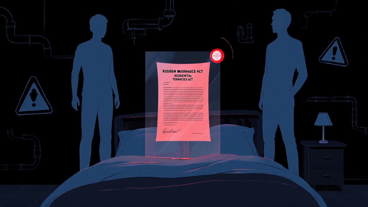 Red-glowing carbon monoxide detector in a dark room with ghostly figures separated by a legal document.