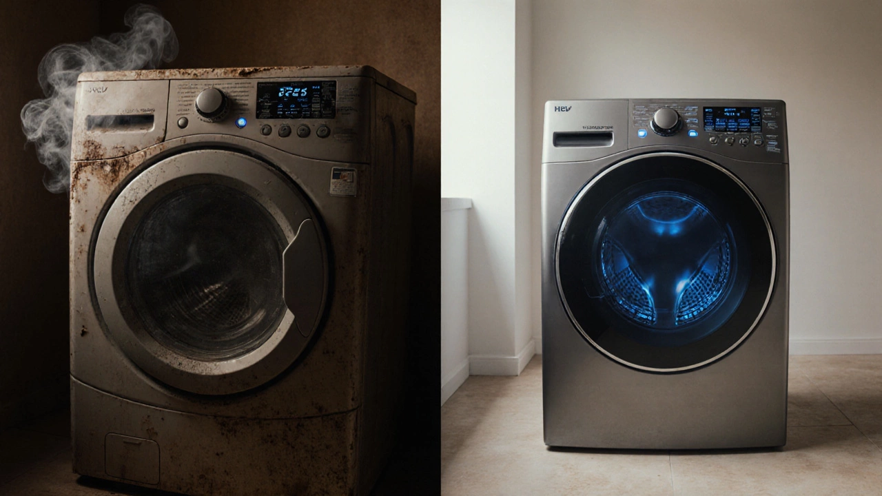 Side-by-side of an aging dryer emitting smoke and a modern energy-efficient heat pump dryer in a clean space.