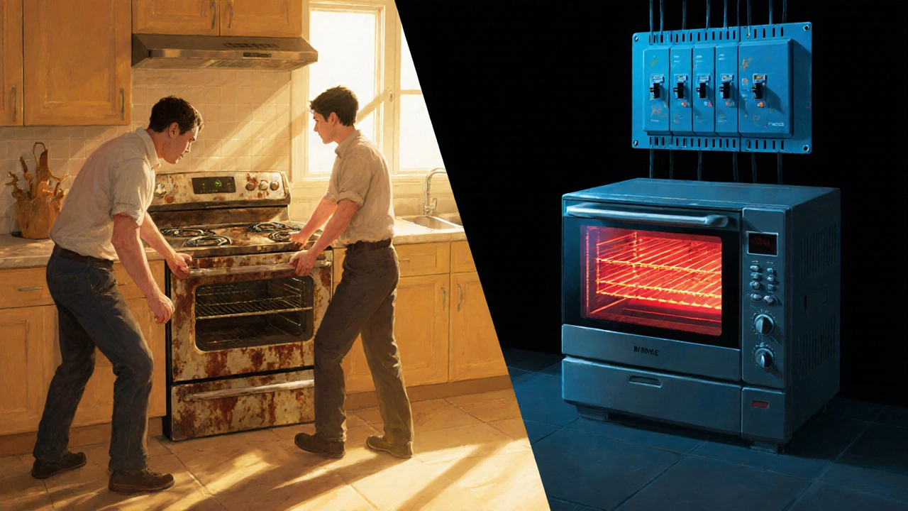 Split image showing old oven being removed and new oven being installed in a kitchen.