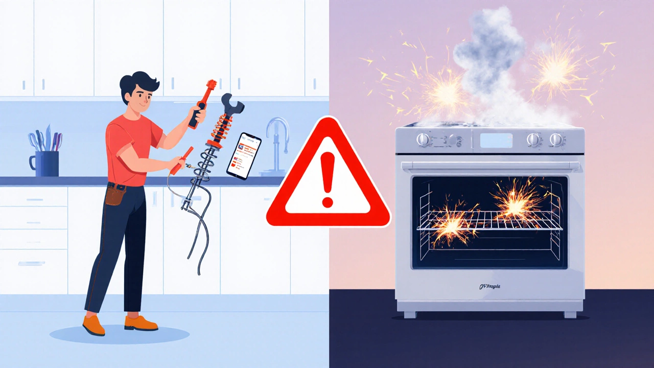Split-screen: DIY repair success vs. dangerous wiring mistake in an oven.