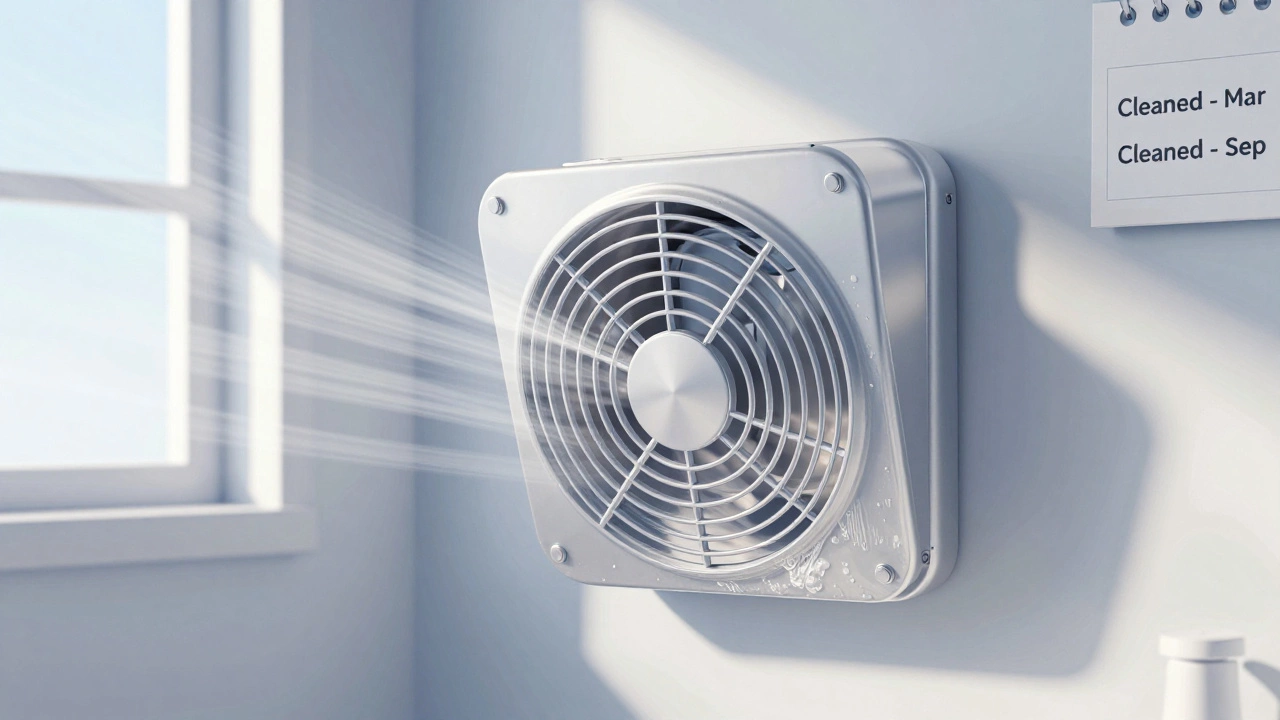 A clean bathroom extractor fan with sunlight highlighting its polished surface.