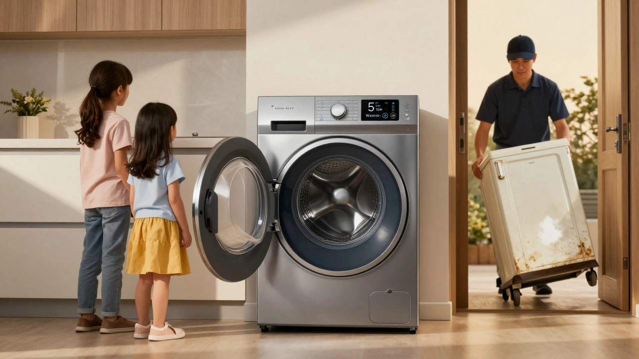 A modern, energy-efficient washing machine in a bright home laundry space, family looking on.