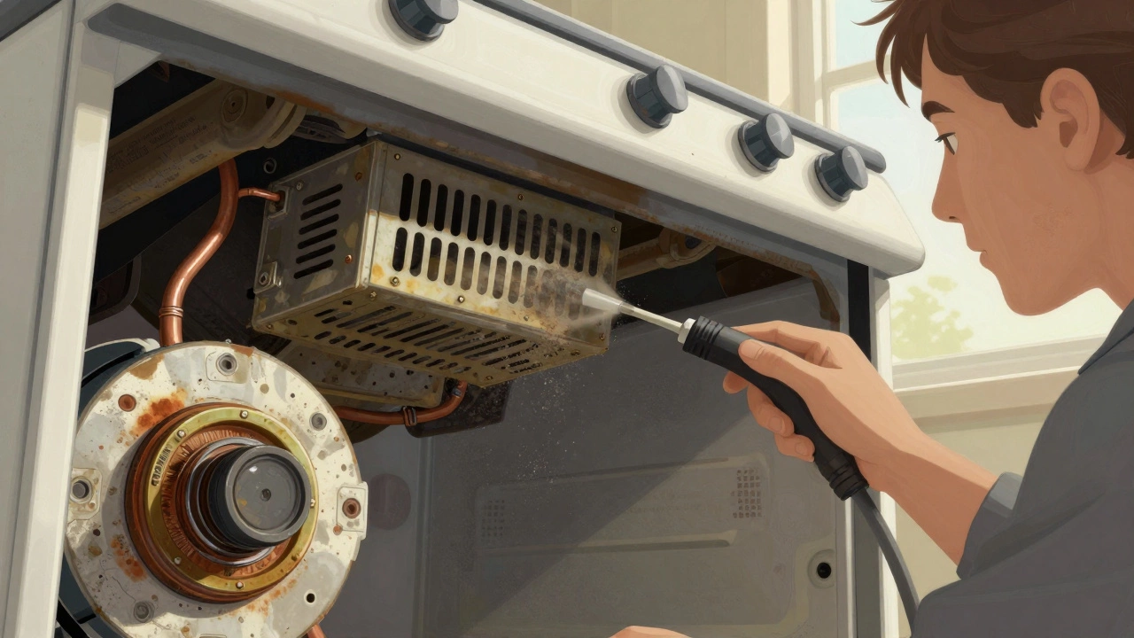 A technician cleaning dust and corrosion from the underside of an electric stove.