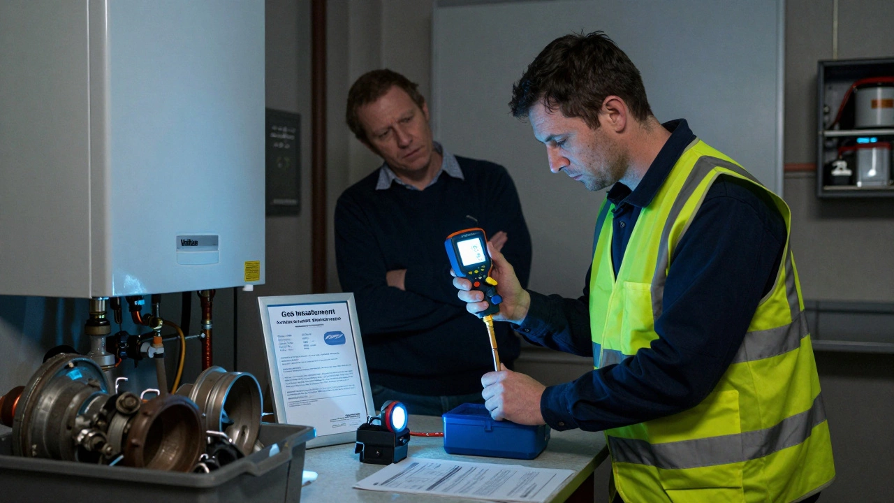 A technician performing a combustion analysis on a newly installed boiler with a flue gas analyzer.