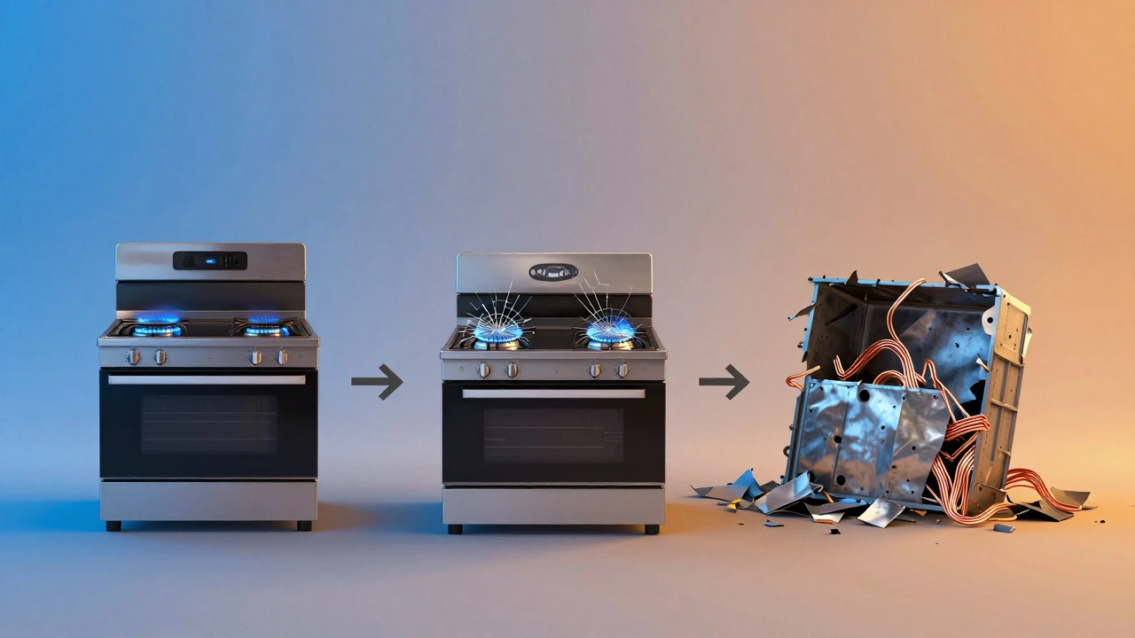 A visual timeline showing an electric stove's lifecycle from new to recycled.