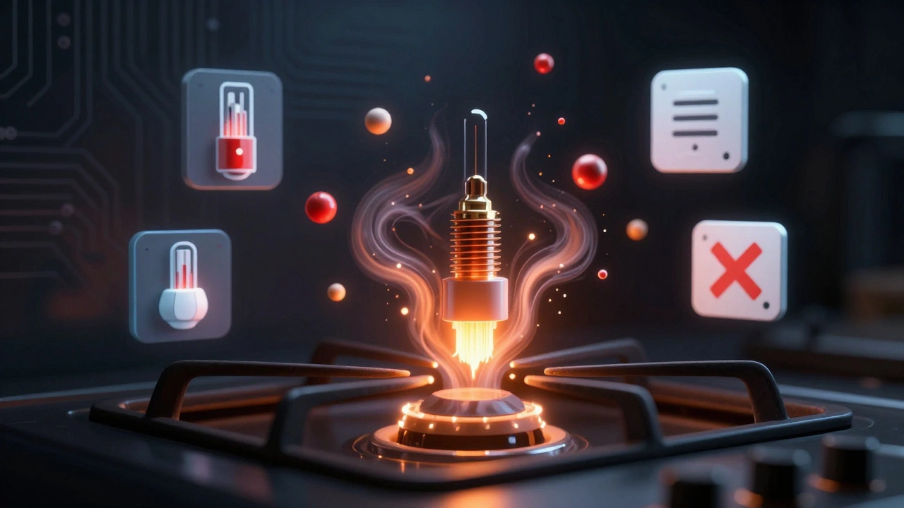 Flickering gas oven igniter surrounded by icons of failed oven components in dark abstract setting.