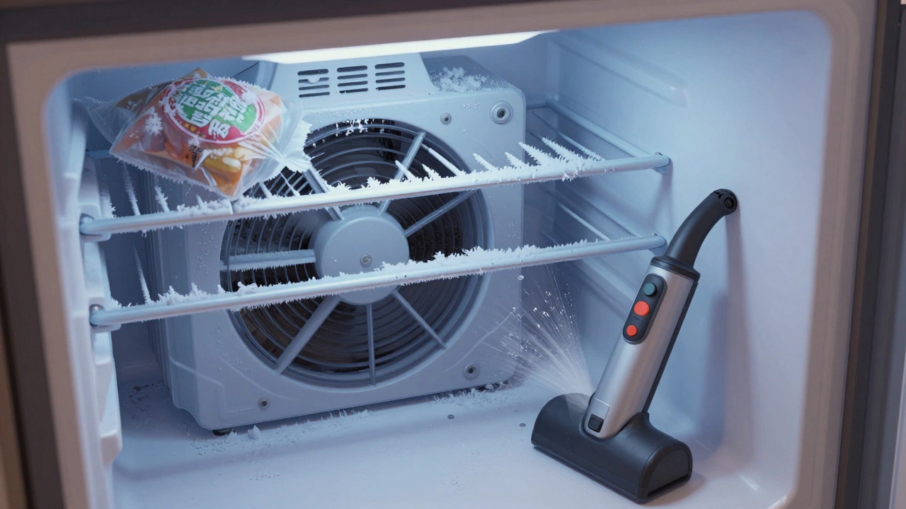 Frost-blocked evaporator fan inside a freezer with food bags obstructing airflow.