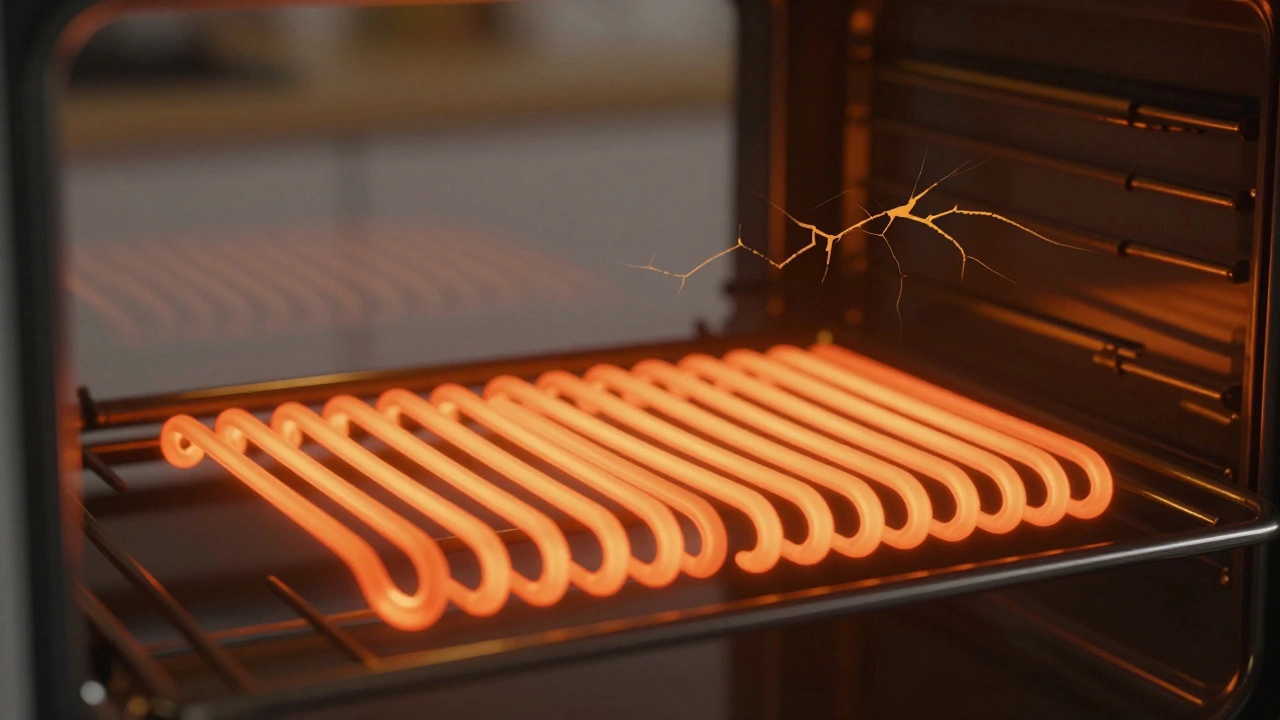 Glowing oven element next to a faded image of a broken one, symbolizing function versus failure.