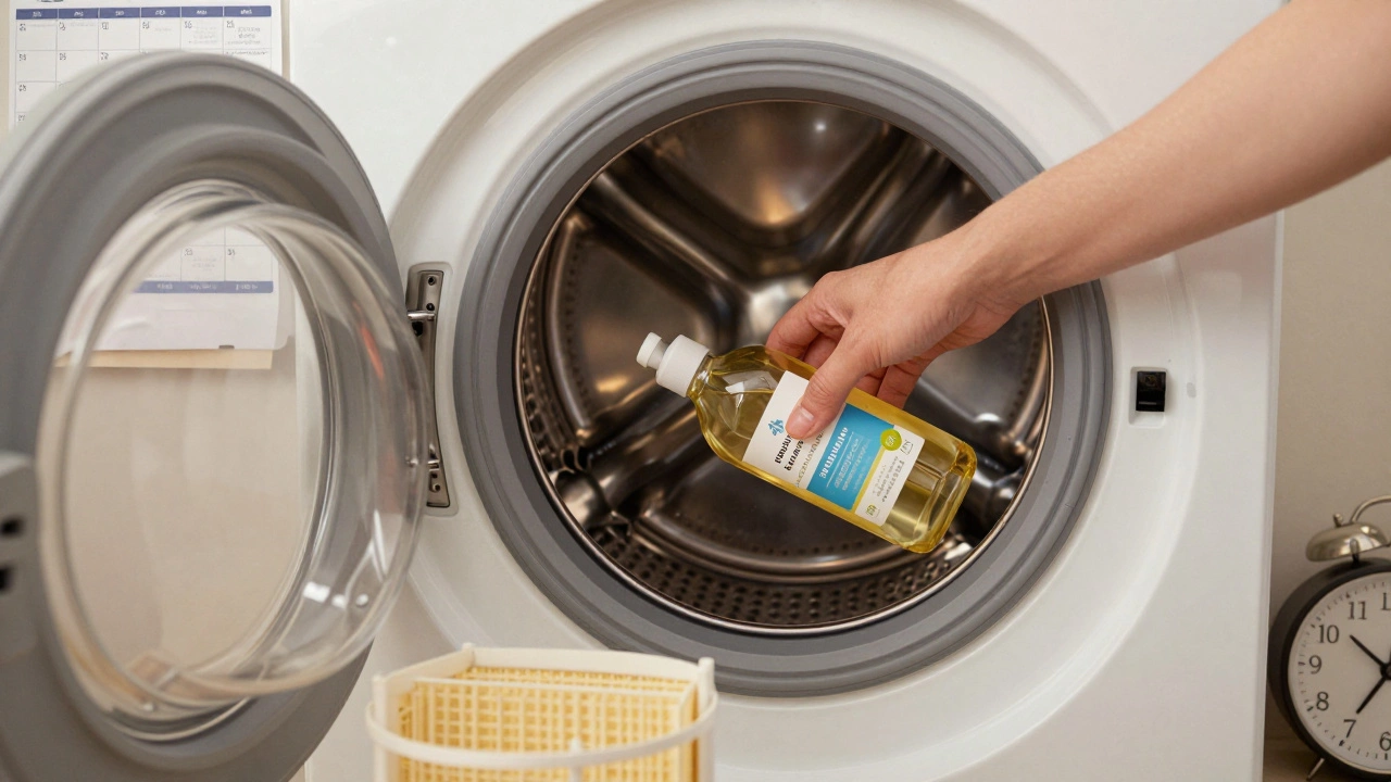 Hand adding vinegar to a washing machine during monthly maintenance with a calendar showing checkmarks.