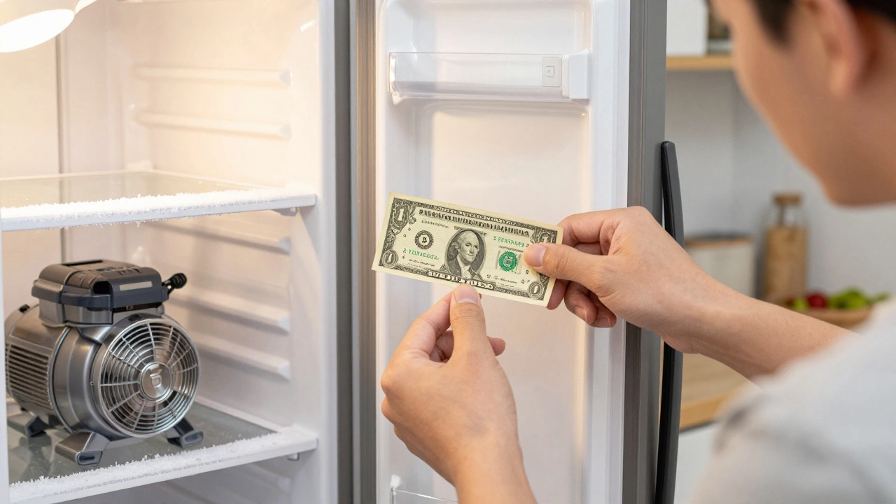 Homeowner testing fridge door seal with a dollar bill