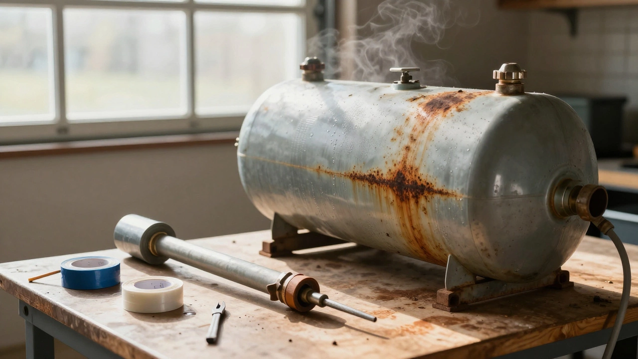 Old rusted water heater tank next to a replaced element and tools on a workbench