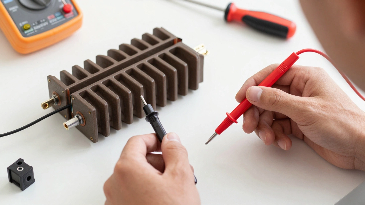 Person testing an oven element with a multimeter showing an &#039;OL&#039; reading on the display.