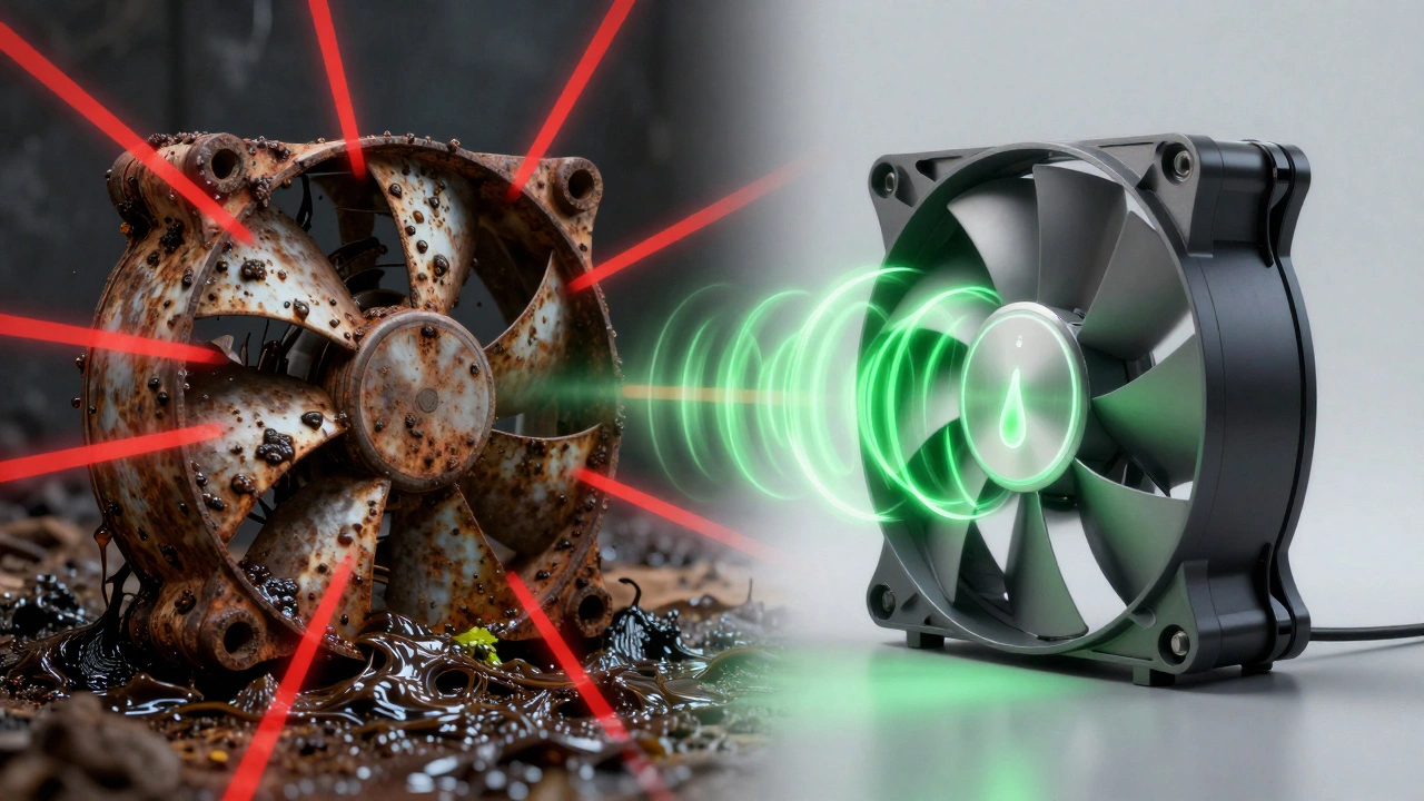 Split image: a failed fan on the left, a modern efficient fan on the right.
