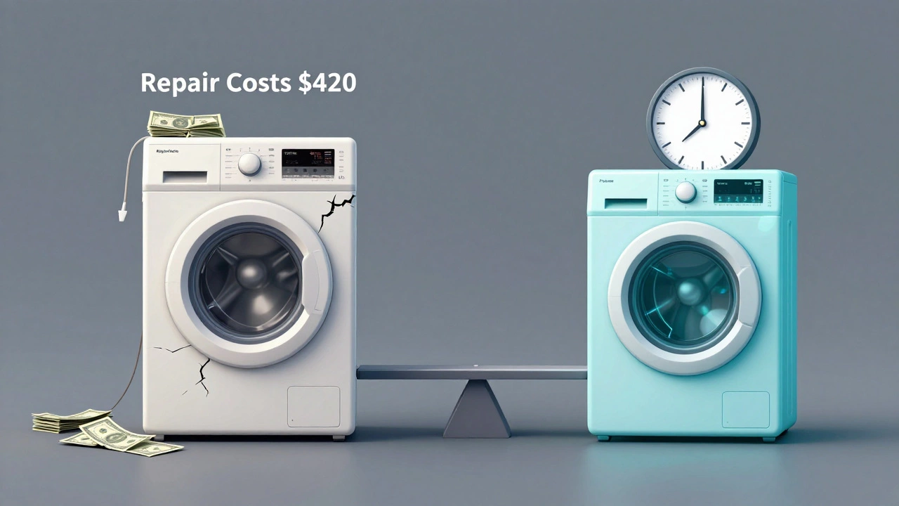 Split image comparing costly repair of an old machine versus long-term value of a new one.