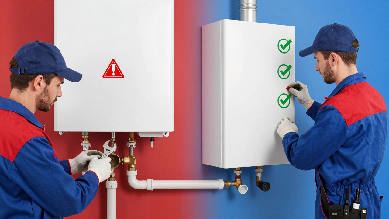 Split image contrasting unlicensed plumbing work with certified boiler installation, showing danger vs safety.