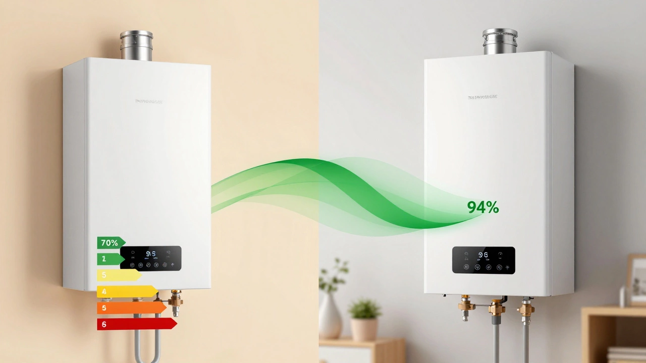 Split-screen comparison of an inefficient old boiler versus a modern energy-efficient one.