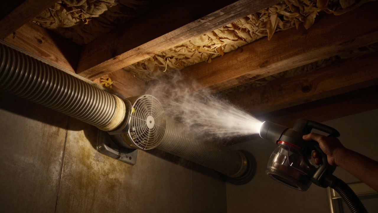 Vacuuming debris from a duct connected to a bathroom extractor fan in an attic