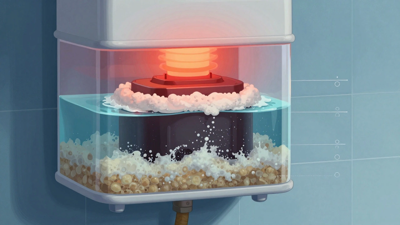 Water heater tank with upper element heating and lower element covered in scale