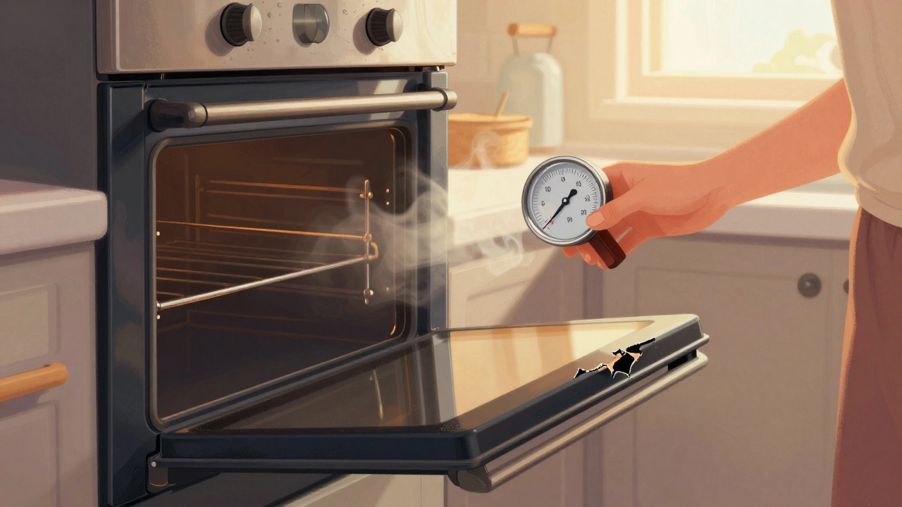 Woman testing oven temperature with a thermometer, cracked door seal visible at bottom edge.