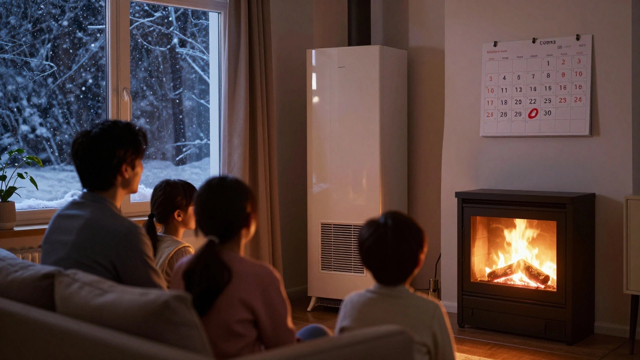 A family in a warm living room during winter, with a calendar marked for annual boiler service.
