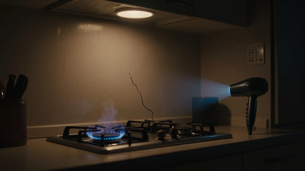 A gas hob with one burner flickering weakly while another is dark, a cracked gas hose visible behind it.