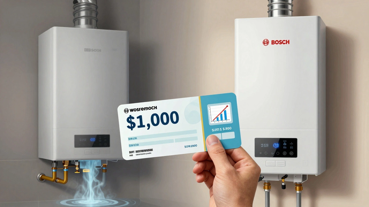 A homeowner holding a rebate voucher beside a new boiler, with a split background showing old inefficient vs. new efficient systems.