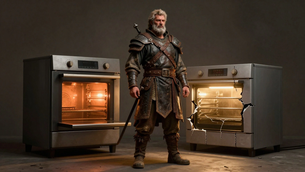 A vintage oven standing strong next to a broken modern oven, symbolizing durability.