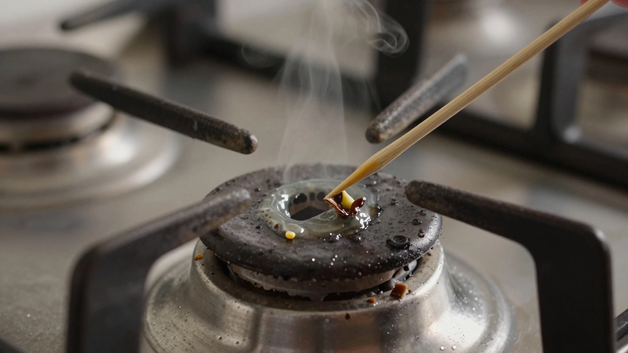 Close-up of a clogged gas burner head being cleaned with a toothpick, grease blocking the ports.