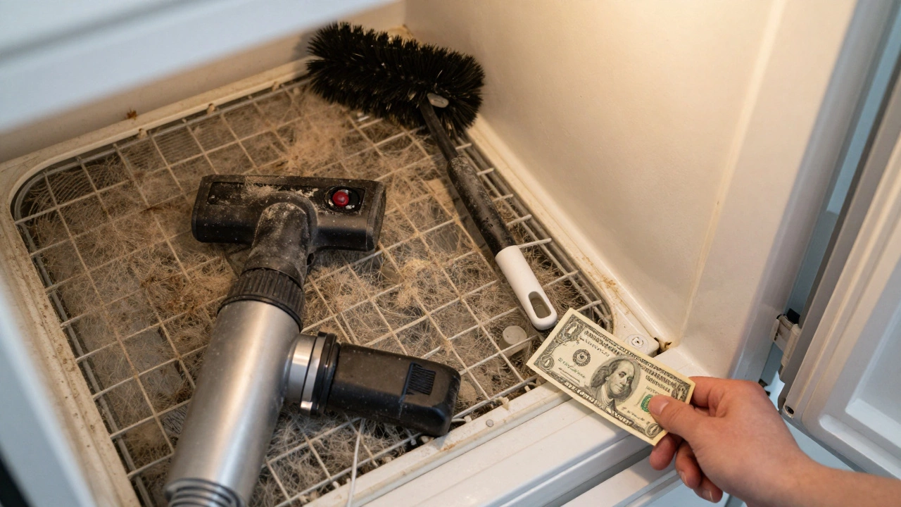 Dirty condenser coils and a dollar bill testing a freezer door seal.
