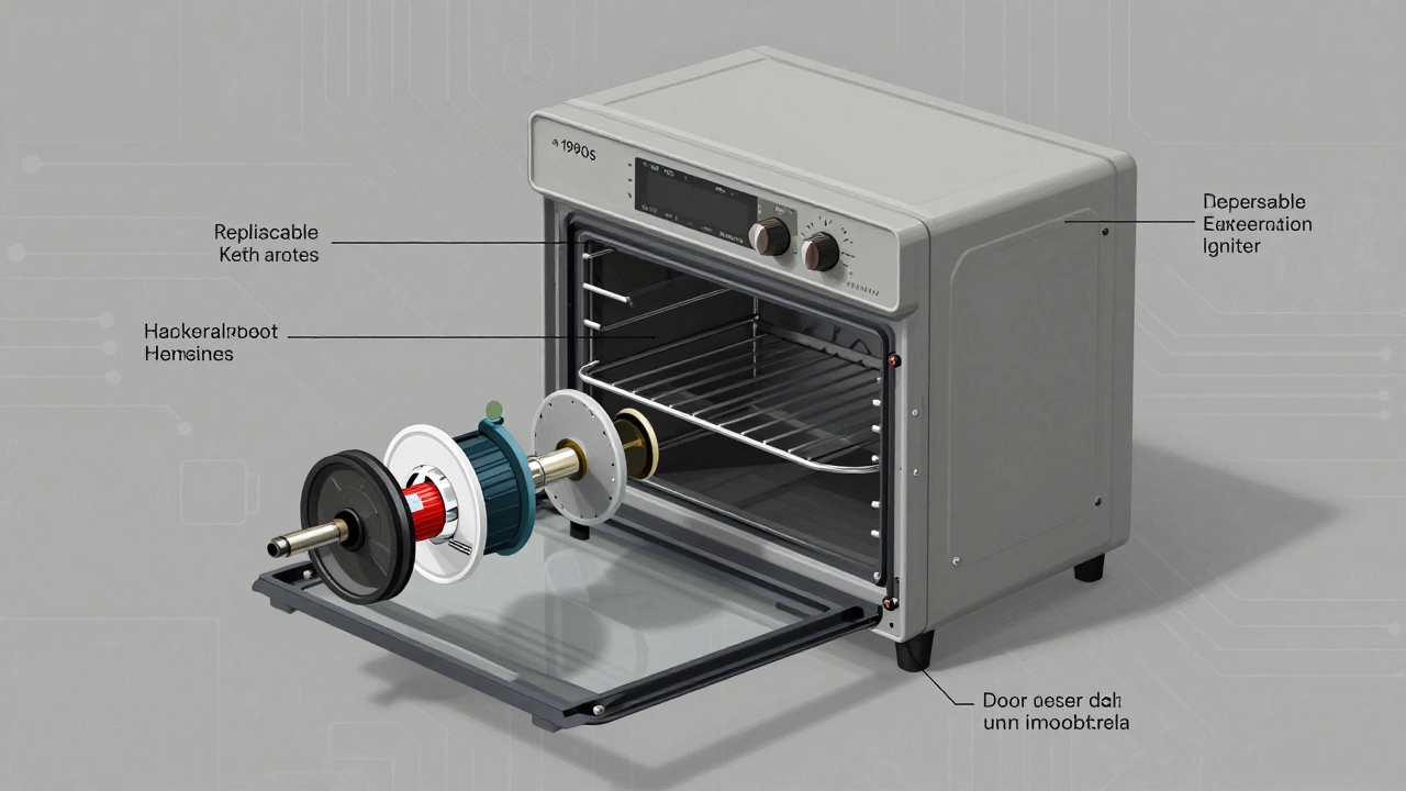 Exploded diagram of replaceable parts inside a vintage oven with labeled components.