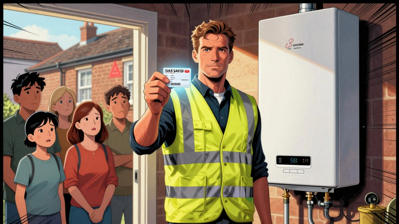 Gas Safe engineer showing ID card to a family beside a boiler, emphasizing safety and professionalism.