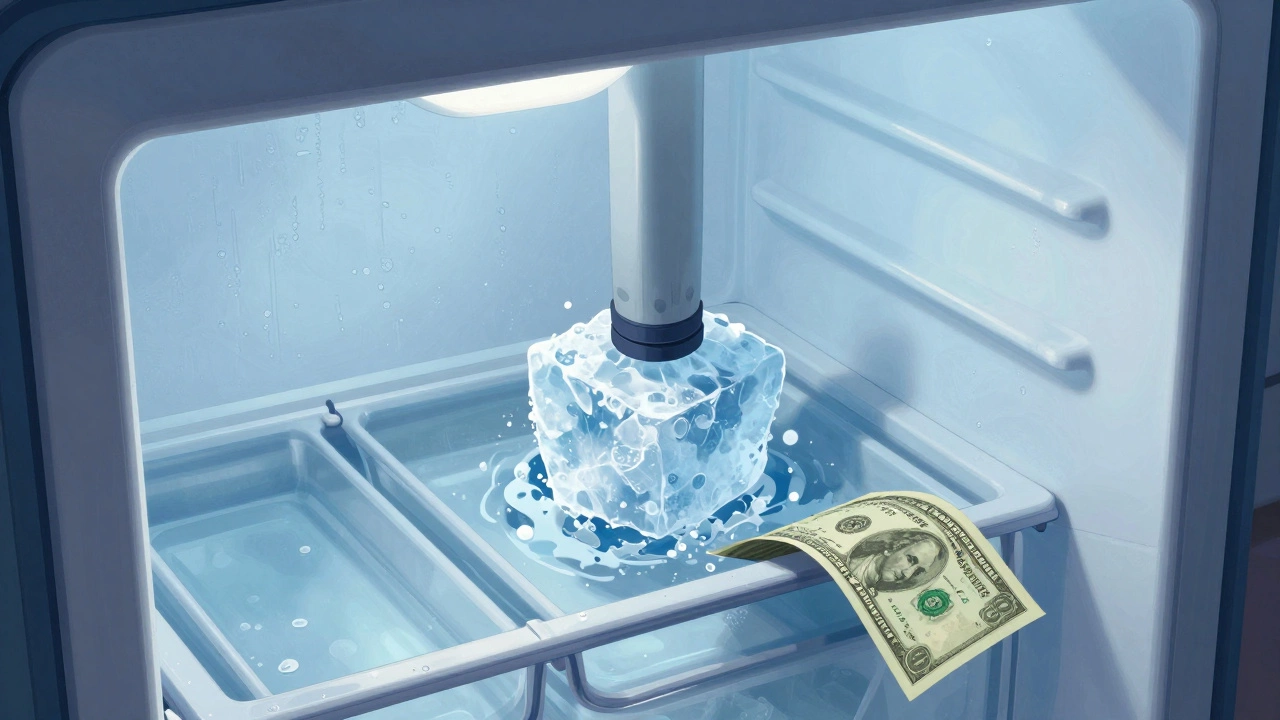 Ice maker arm stuck by ice chunks, dollar bill testing a faulty door seal inside the freezer.