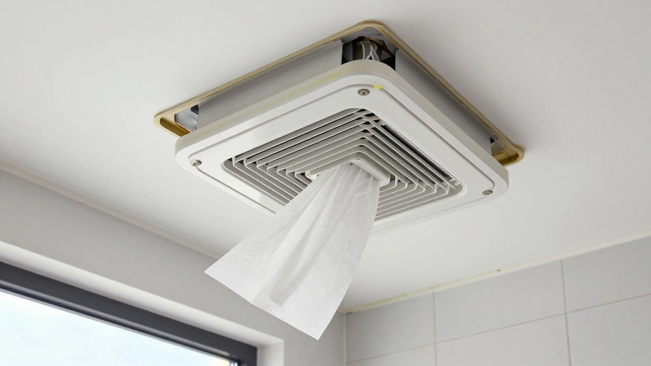 New extractor fan with steady airflow pulling a tissue toward its grille, venting outside.