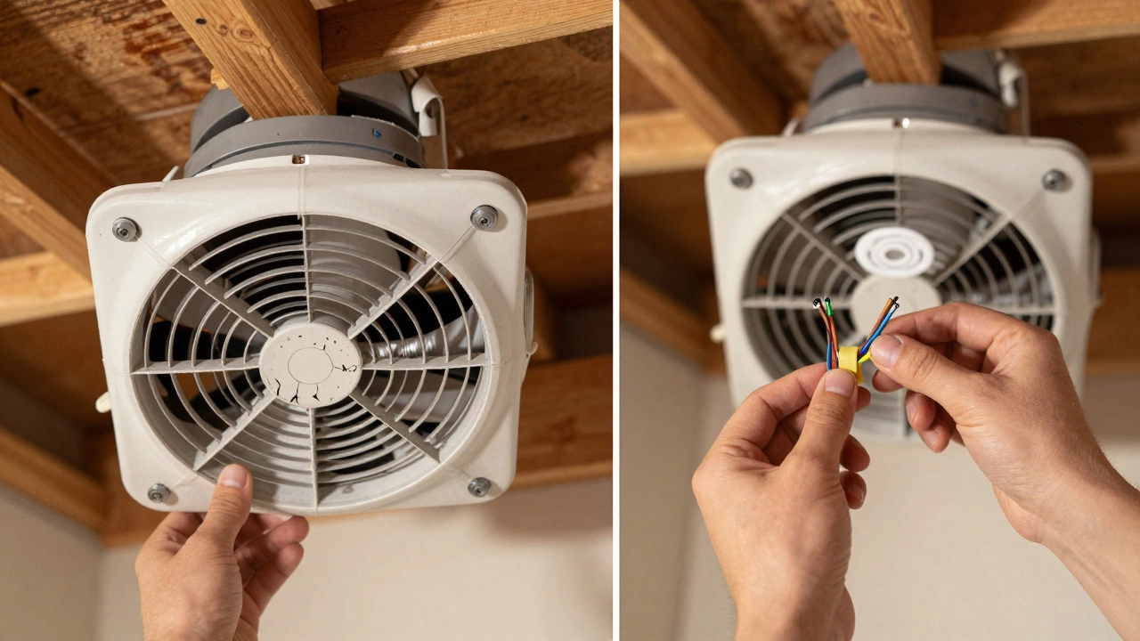 Person connecting color-coded wires to a new extractor fan with wire nuts and tape.
