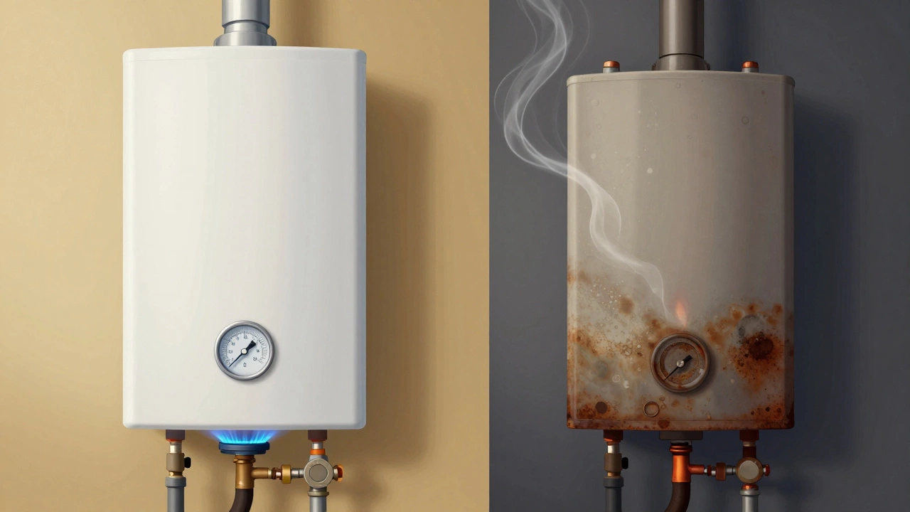 Side-by-side comparison of a well-maintained boiler versus a neglected one with rust and poor flame.
