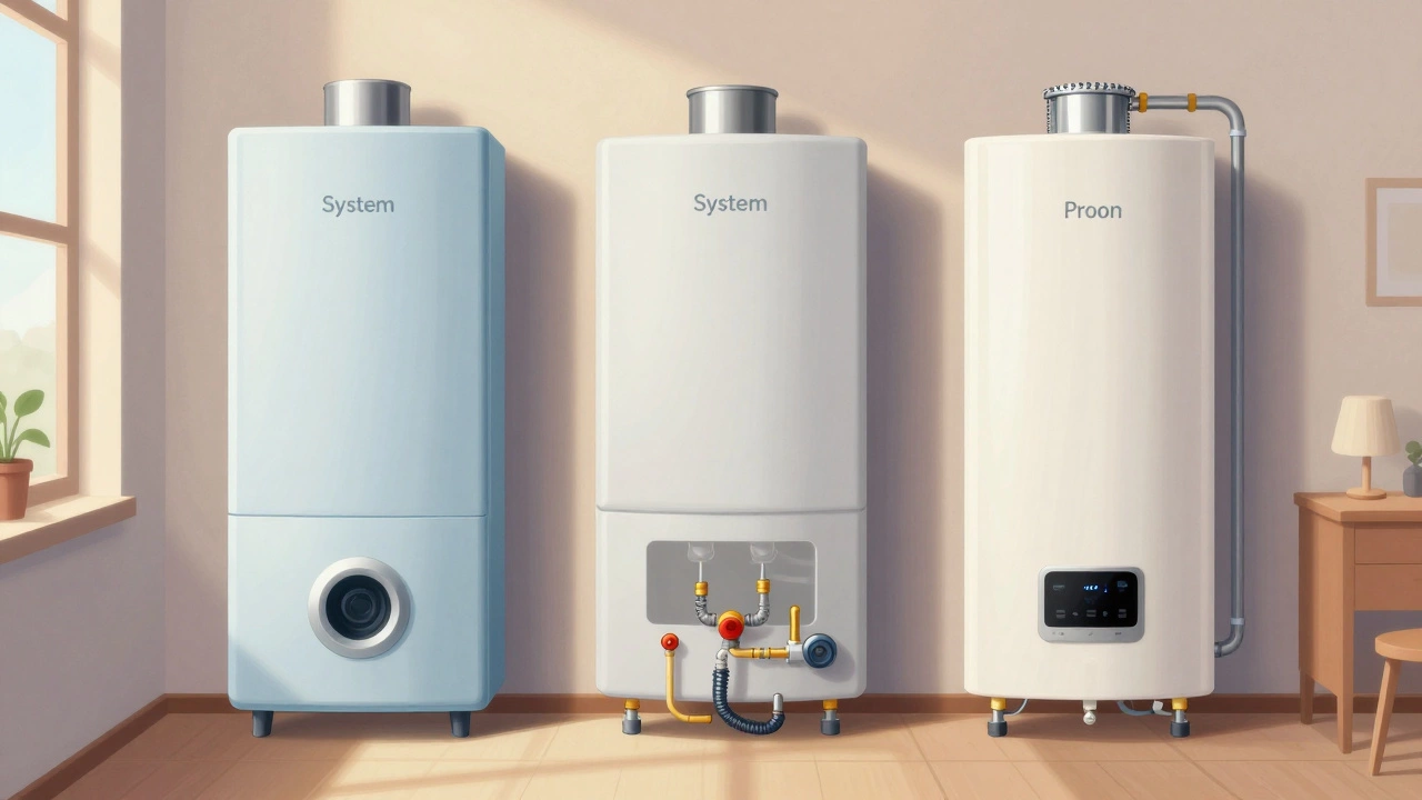 Three types of home boilers displayed side by side with distinct plumbing setups in a utility room under natural light.