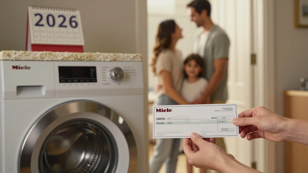 A hand placing a check beside a refurbished dryer with warranty seal, old dryer in background, family visible in soft-focus doorway.