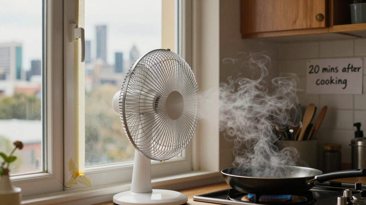 A portable fan sealed in a window, blowing kitchen air outside to reduce grease and odors.
