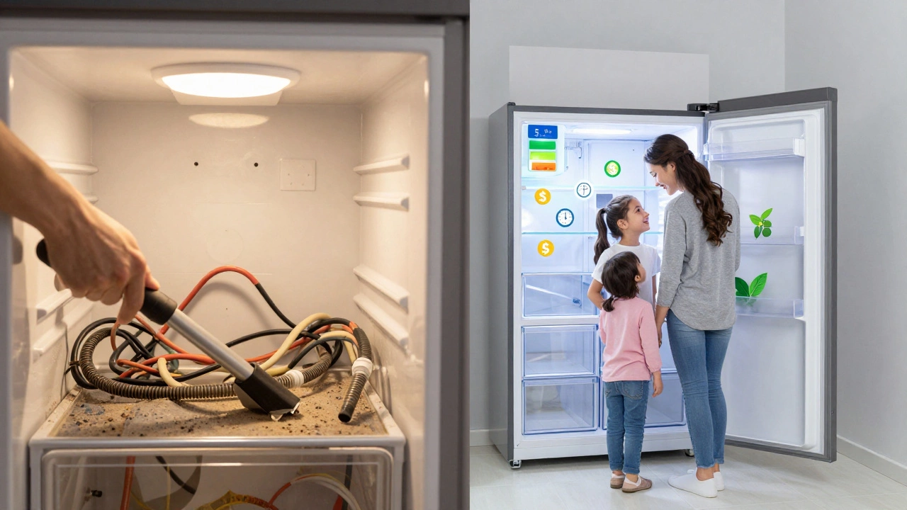 A split image: one side shows cleaning a dusty freezer, the other a sleek modern freezer with energy star label.