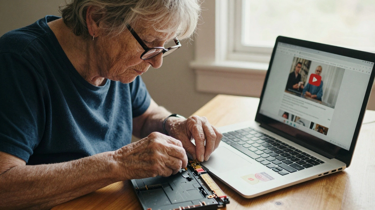 An elderly woman replacing a laptop keyboard with help from a tablet tutorial, sunlight streaming through a window.