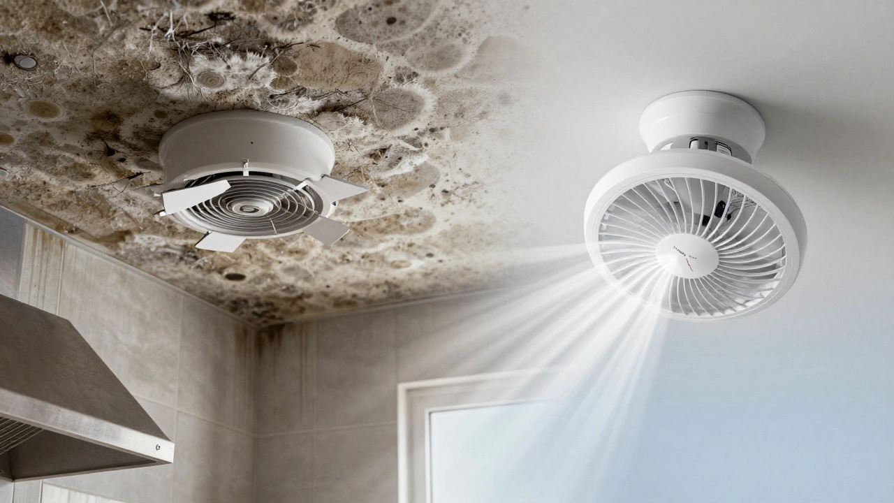 Before and after: moldy kitchen vs. clean, efficient extractor fan in operation