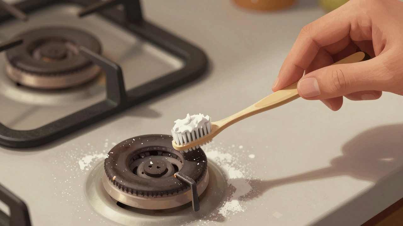 Cleaning gas burner igniter with toothbrush and baking soda